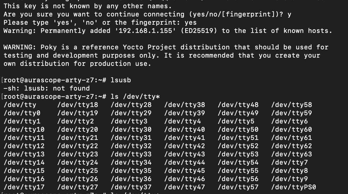 Terminal showing a successful SSH connection to root@aurascope-arty-z7, followed by lsusb not found and an ls /dev/tty* listing with no ttyUSB or ttyACM device present.