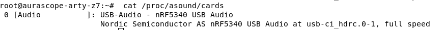 Terminal on the Arty showing cat /proc/asound/cards listing card 0 as USB-Audio, nRF5340 USB Audio from Nordic Semiconductor, attached at usb-ci_hdrc.0-1 at full speed.